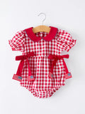 4th of July Flag Plaid Girls Peter Pan Collar Romper with Bow