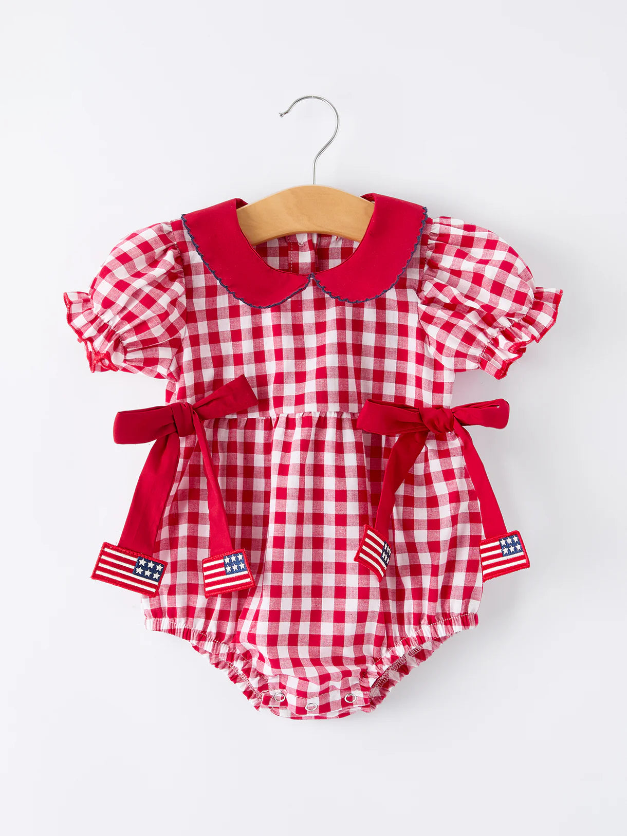 4th of July Flag Plaid Girls Peter Pan Collar Romper with Bow