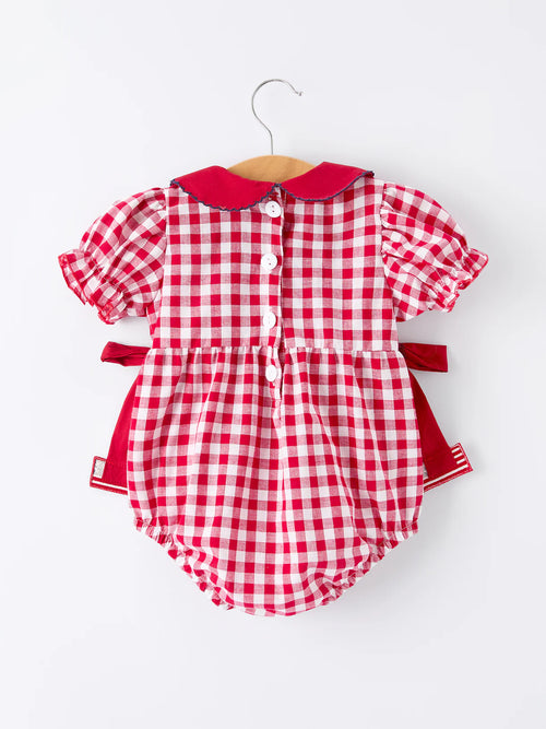 4th of July Flag Plaid Girls Peter Pan Collar Romper with Bow