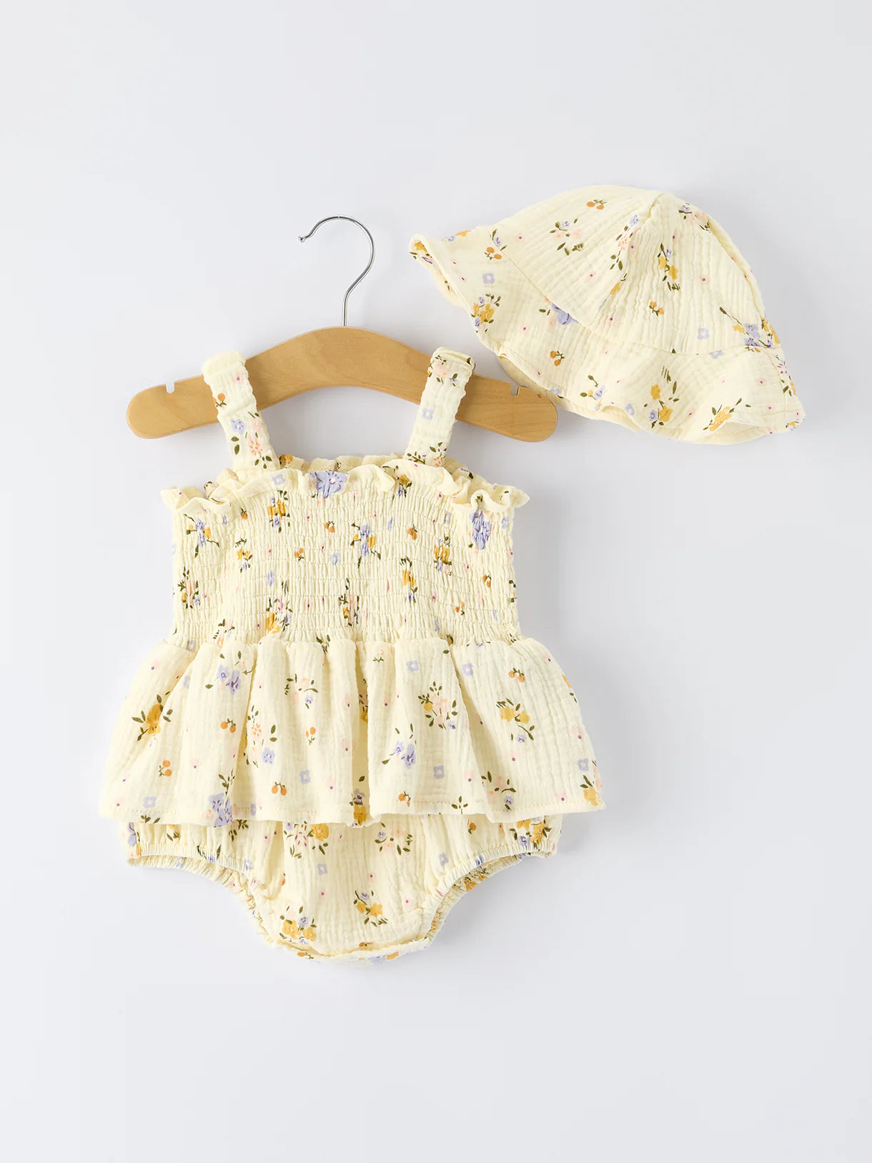 Muslin Floral Smocked Baby Romper with Matching Sun Hat
