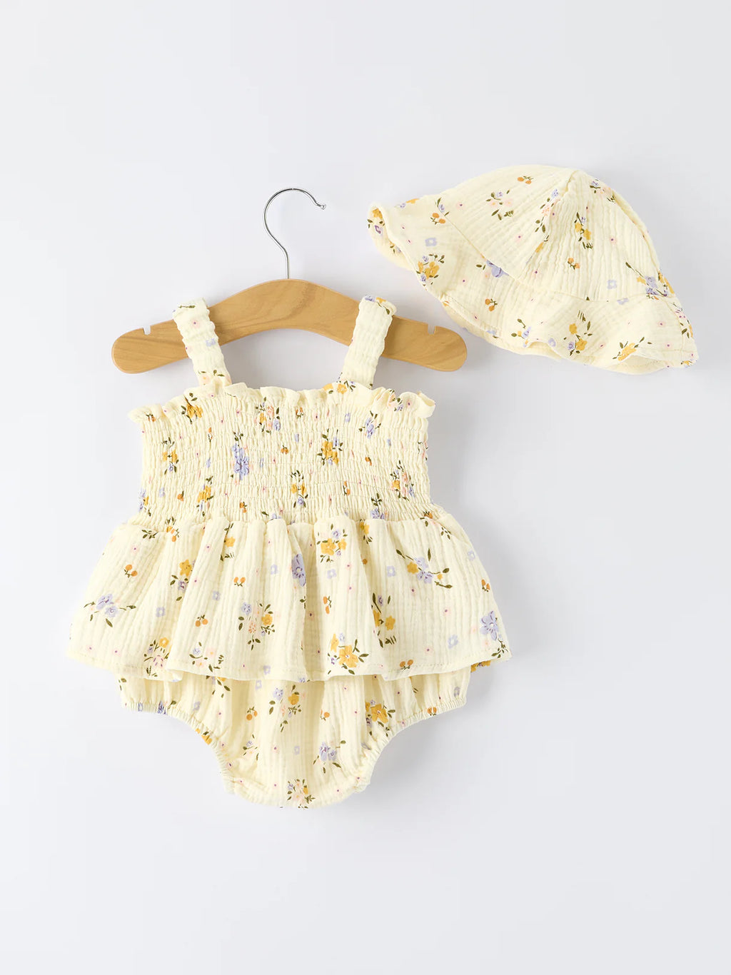 Muslin Floral Smocked Baby Romper with Matching Sun Hat
