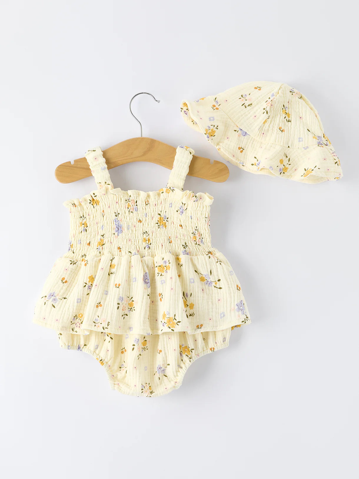 Muslin Floral Smocked Baby Romper with Matching Sun Hat