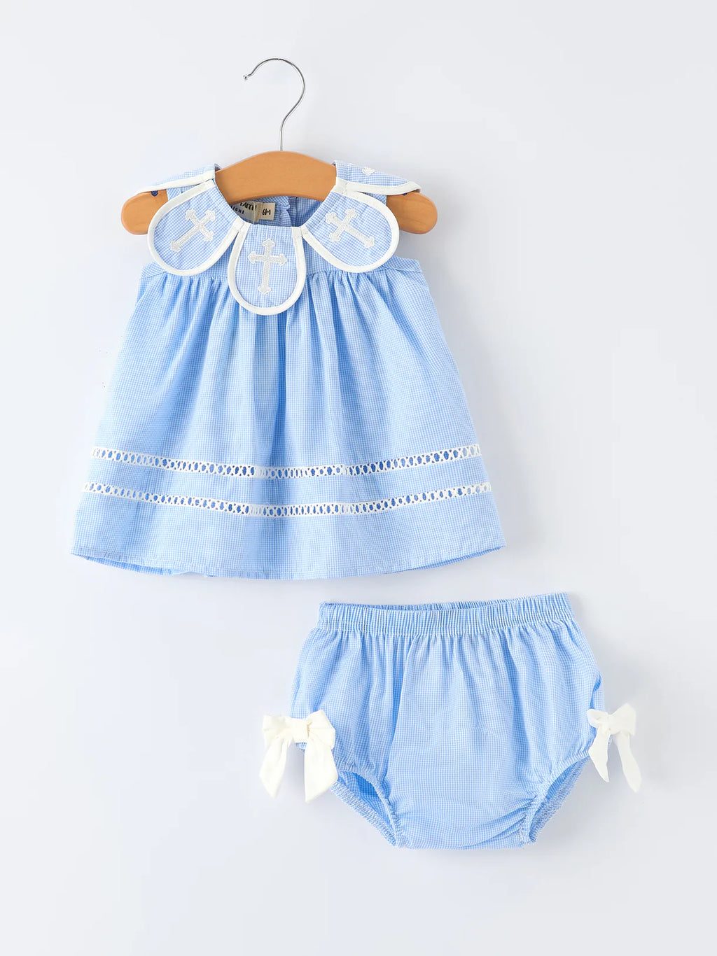 Blue Petal Peter Pan Collar Christening Bloomer Set for Baby Girls