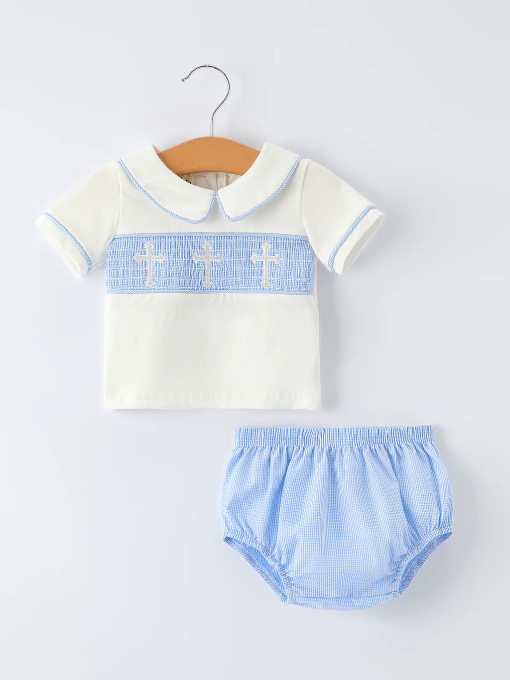 Blue Smocked Church Christening Bishop Bloomer Set for Baby Boys