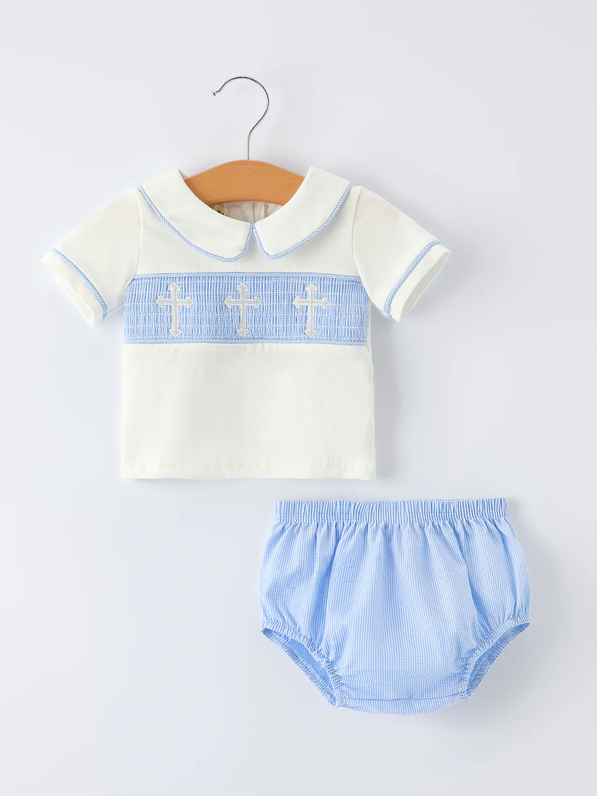 Blue Smocked Church Christening Bishop Bloomer Set for Baby Boys
