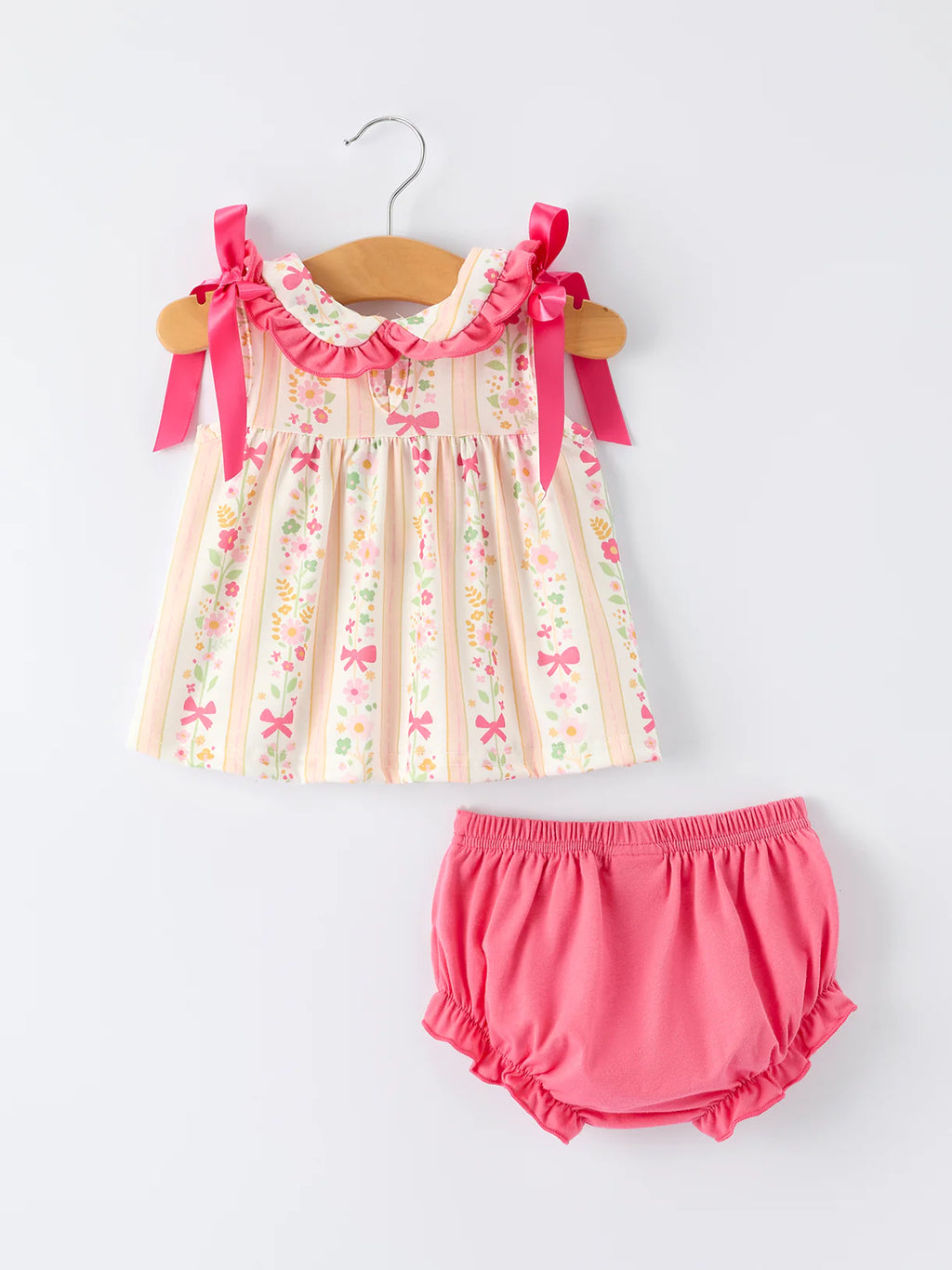 Spring Floral Bow Ruffle Girls Bloomer Set