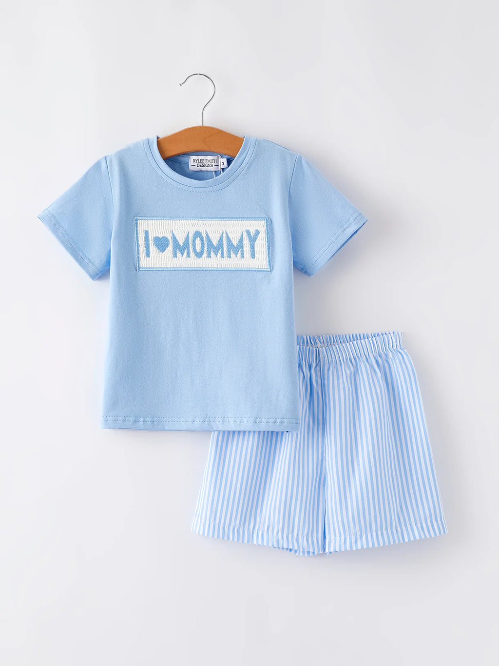 “I ❤ MOMMY” Embroidered Smocked Baby Boys Striped Shorts Set