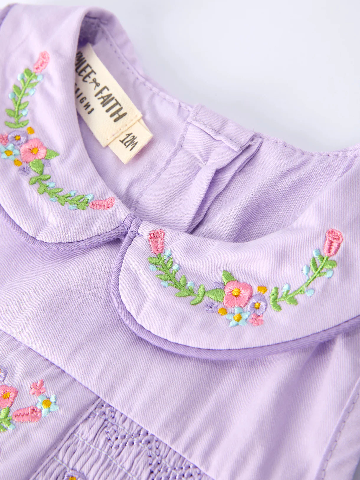 Floral Embroidered Girls Romper with Lavender Peter Pan Collar