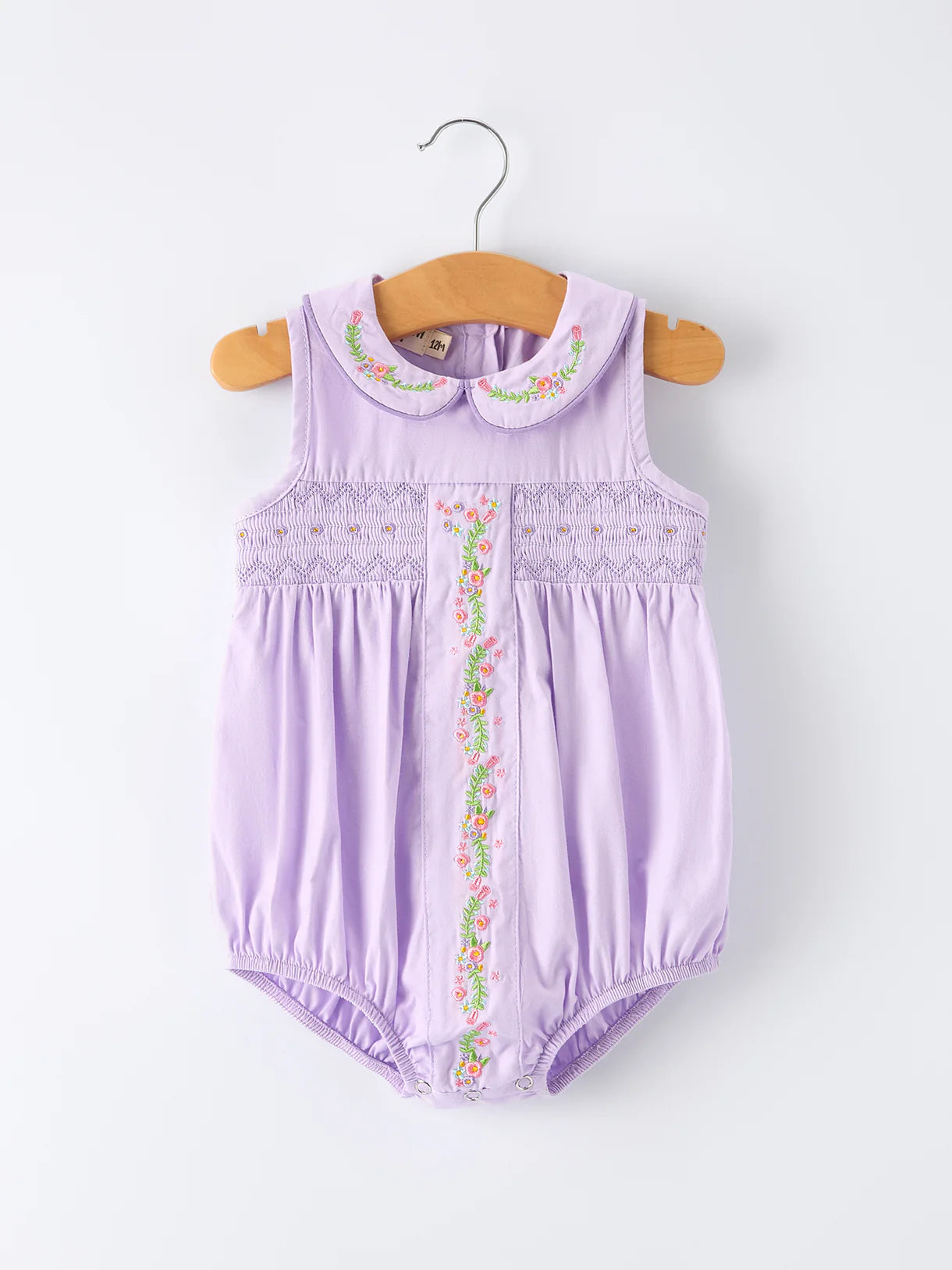 Floral Embroidered Girls Romper with Lavender Peter Pan Collar