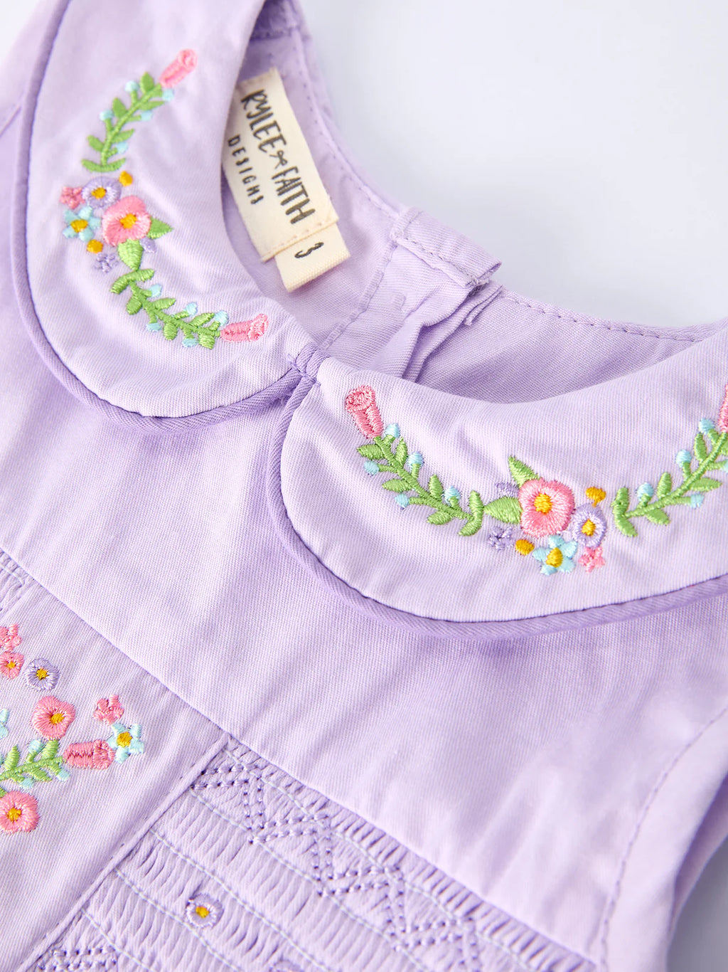 Floral Embroidered Girls Dress with Lavender Peter Pan Collar