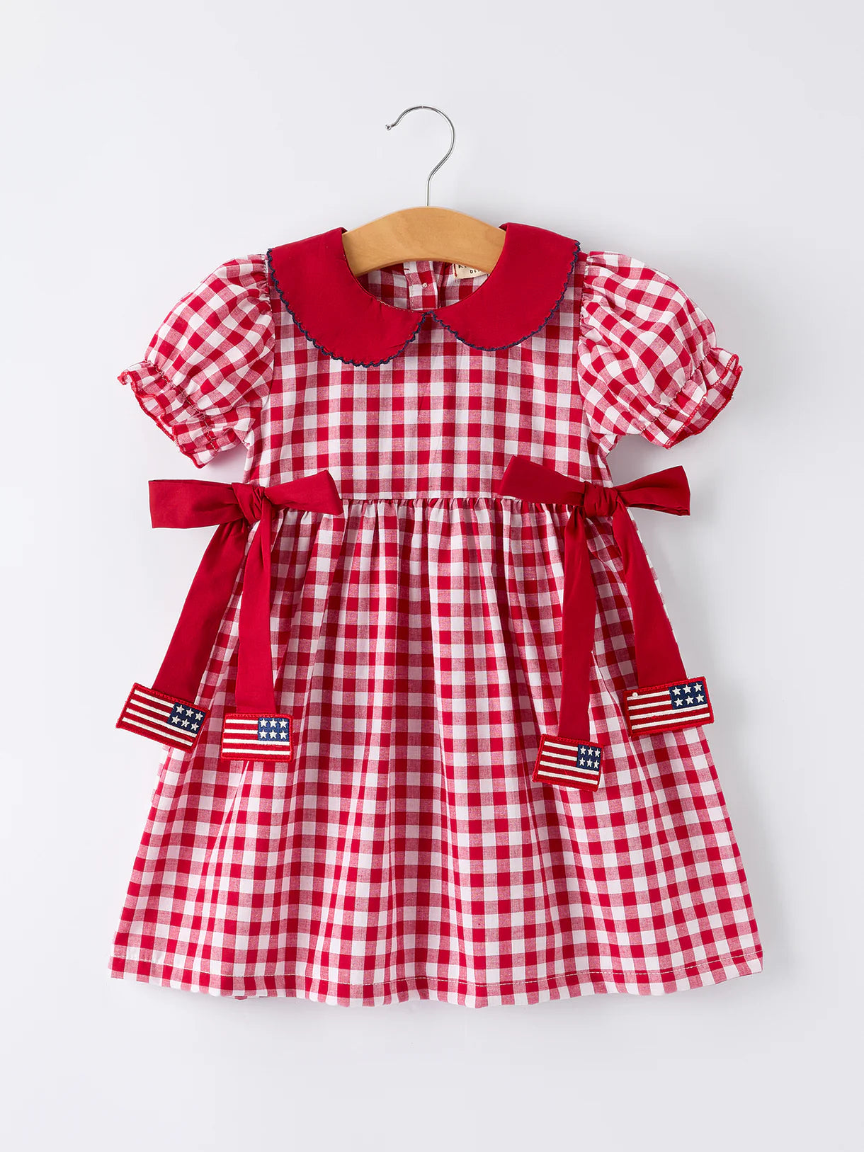 4th of July Flag Plaid Girls Peter Pan Collar Dress with Bow