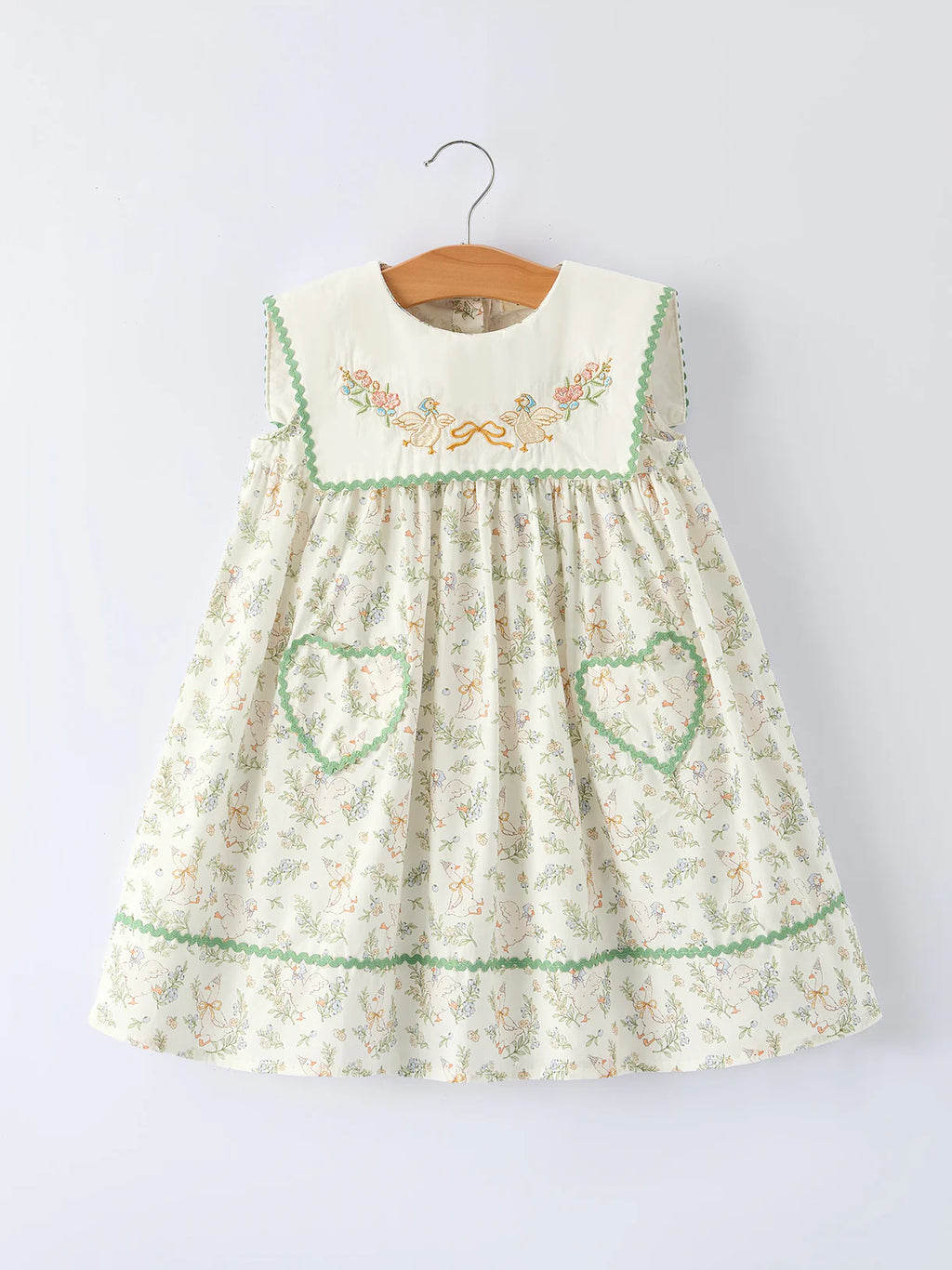 Vintage Floral Duck Embroidery Spring Girls Dress