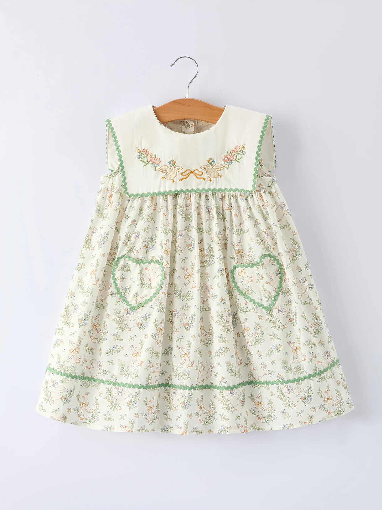 Vintage Floral Duck Embroidery Spring Girls Dress